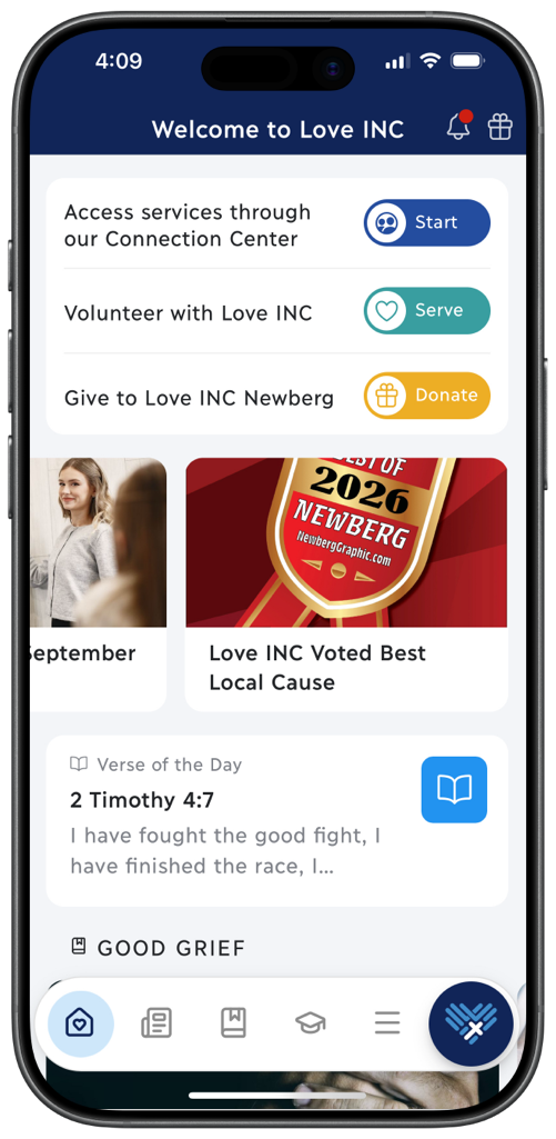 Love INC Newberg app home screen with community services, volunteering, donations, impact stories, and learning.