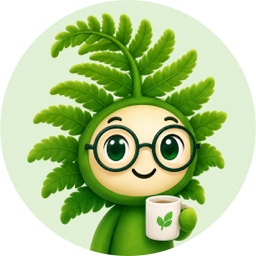 Fern’s original avatar, with fern-frond hair, green glasses, and a leaf mug.