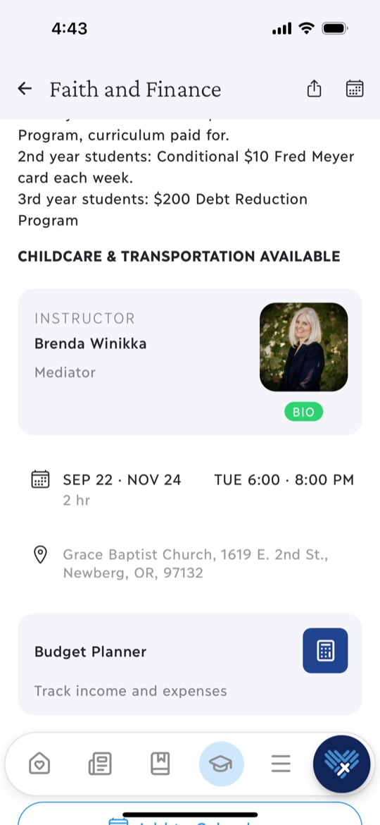 Faith and Finance class with a Budget Planner link below the class details.