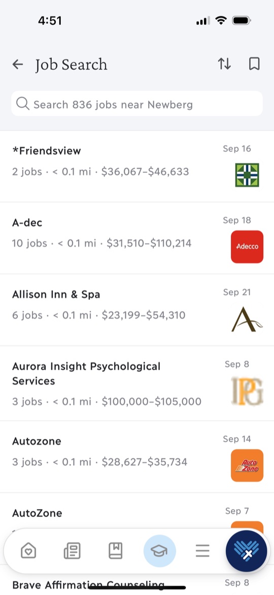 Job Search showing local job listings near Newberg.