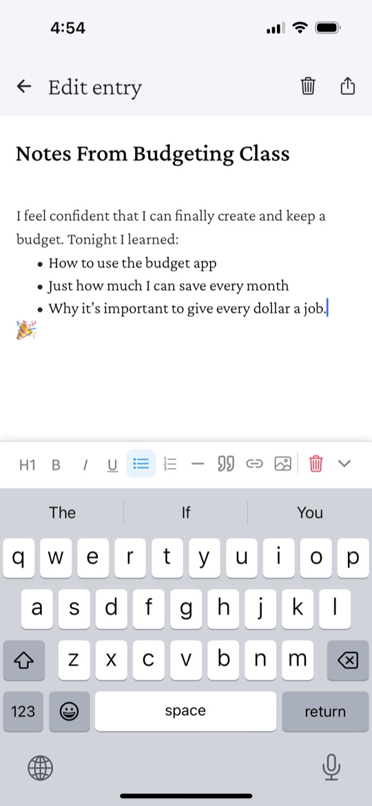 Journal editor with notes from a budgeting class.