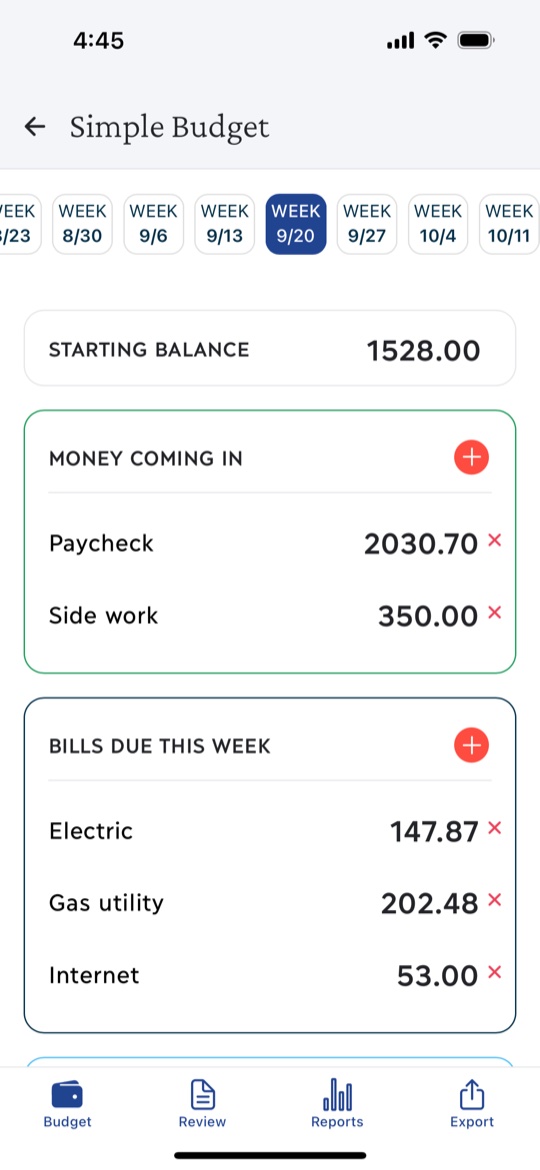 Simple Budget showing weekly income and bills.