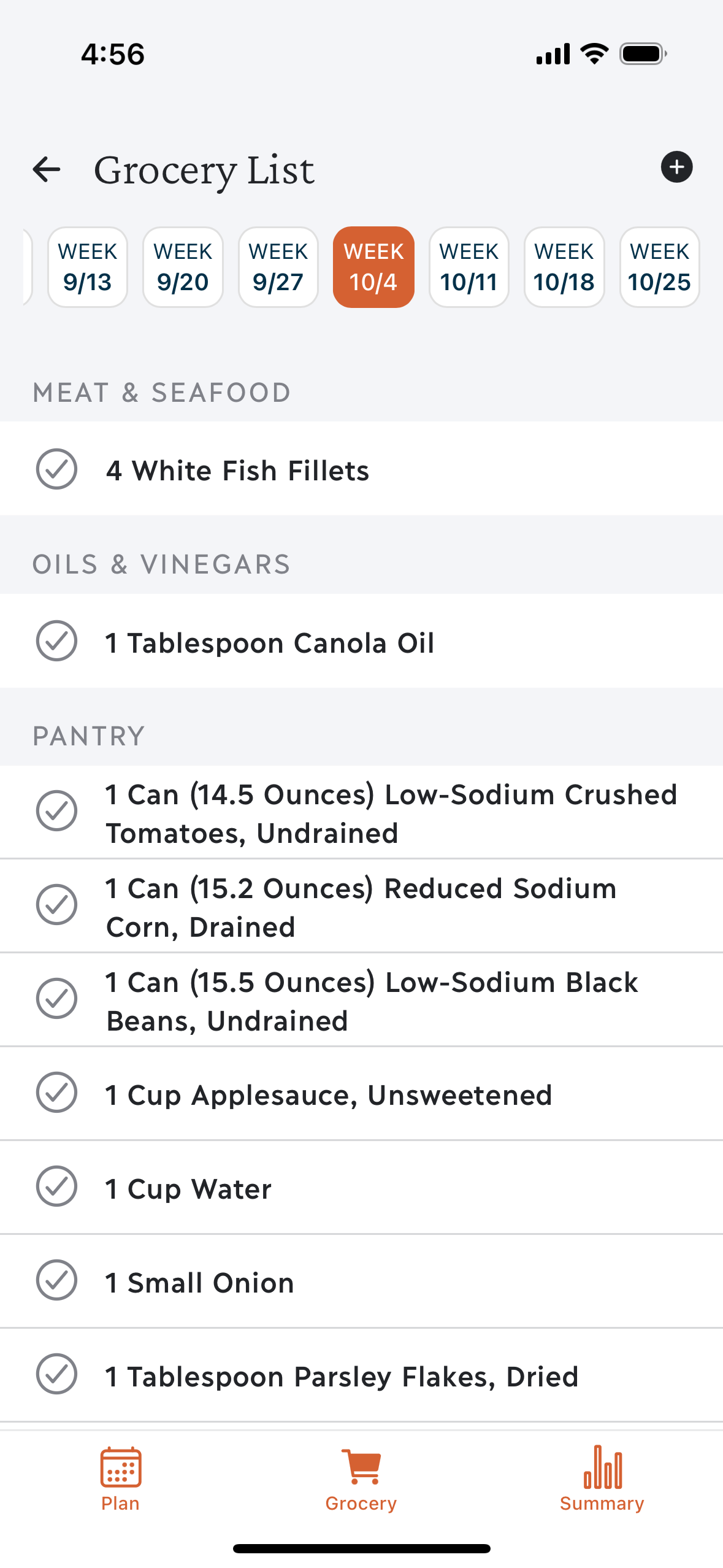 Weekly grocery checklist with ingredients grouped by category.