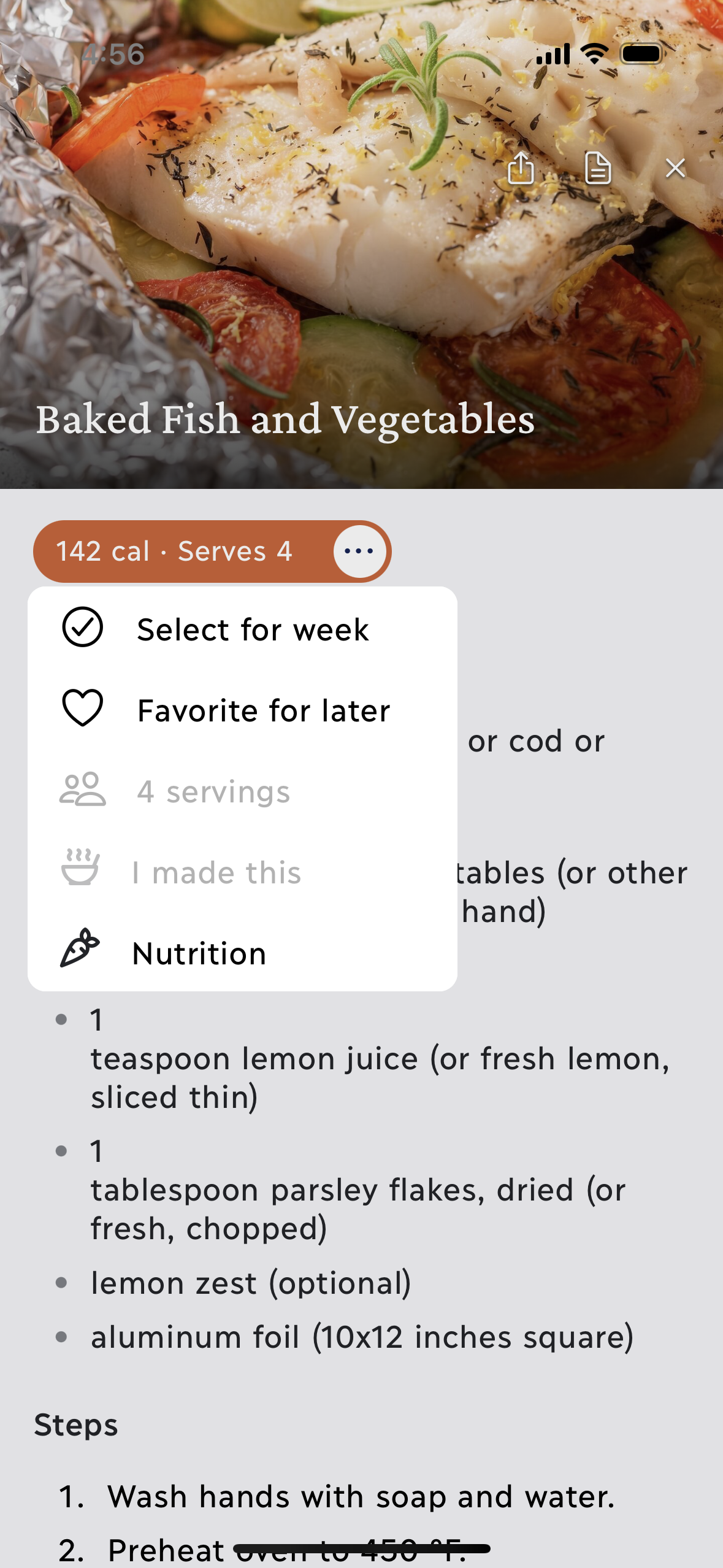 Baked Fish and Vegetables recipe with options to select it for the week, favorite it, and view nutrition.