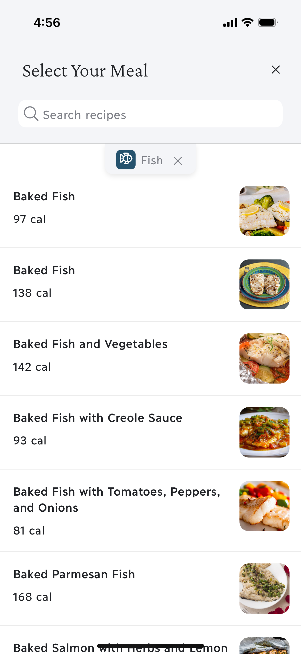 Recipe search filtered to fish, with recipe names and photos.