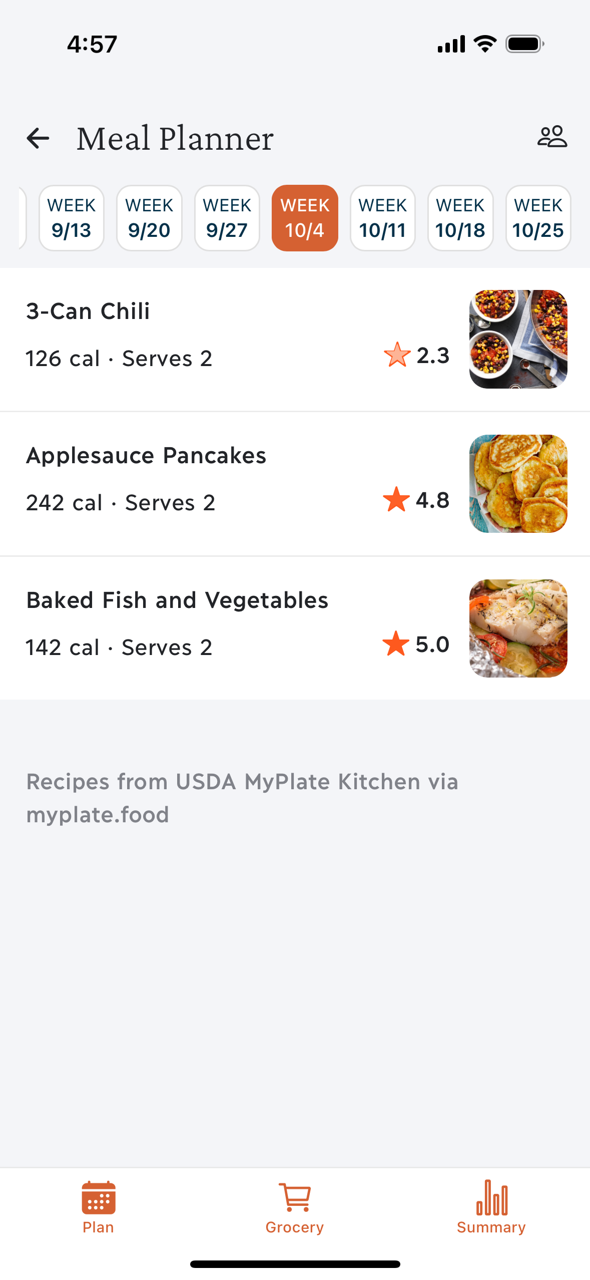 Weekly meal plan containing chili, pancakes, and baked fish and vegetables.