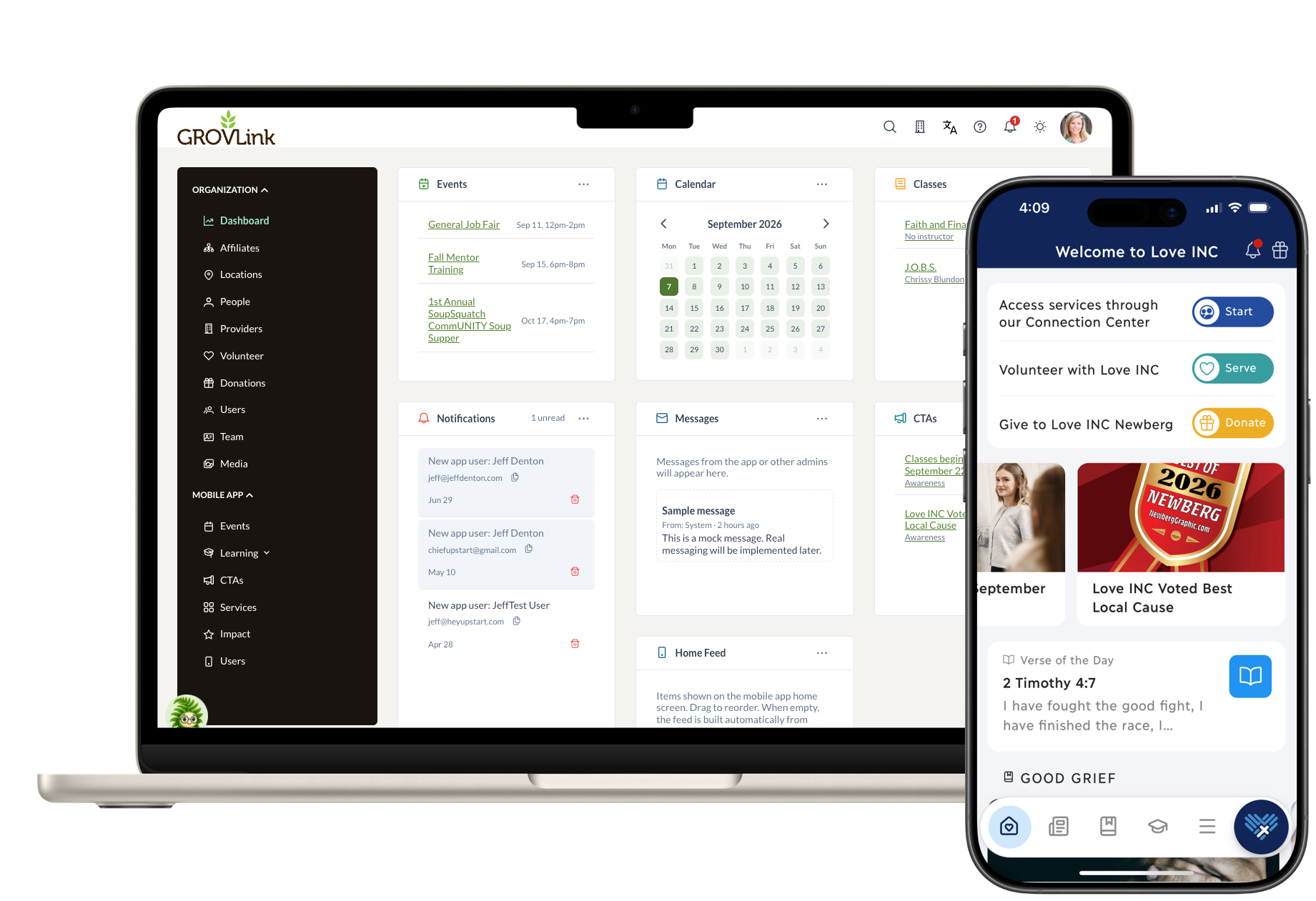 GrovLink’s staff dashboard on a laptop alongside the Love INC branded mobile app