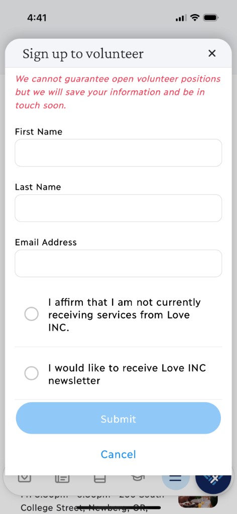 Love INC volunteer sign-up form