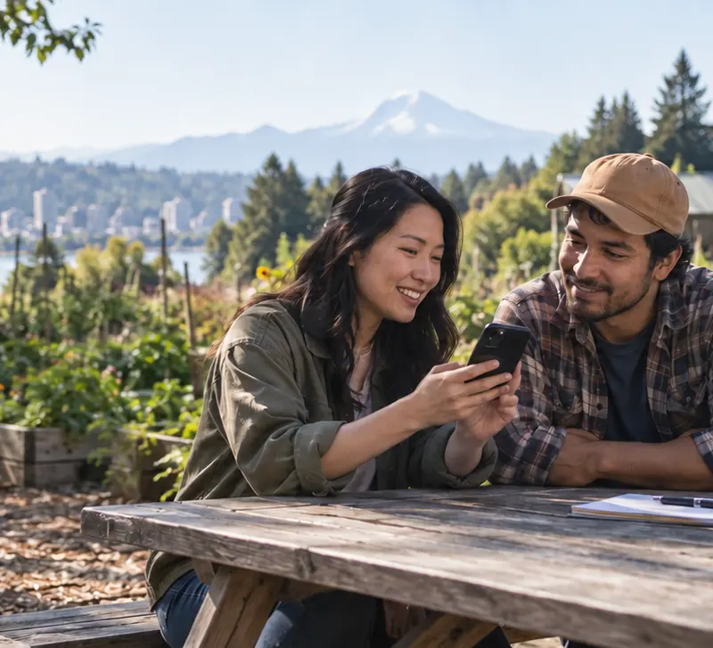 Two staff members working together at an outdoor table