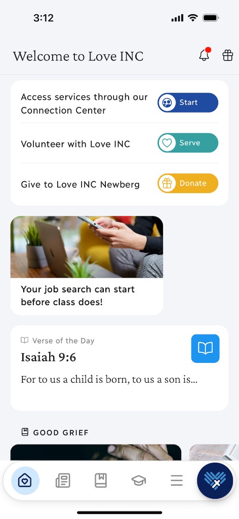 Love INC Newberg app home screen